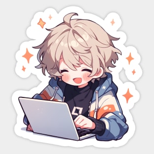 Cute Anime boy using laptop Sticker